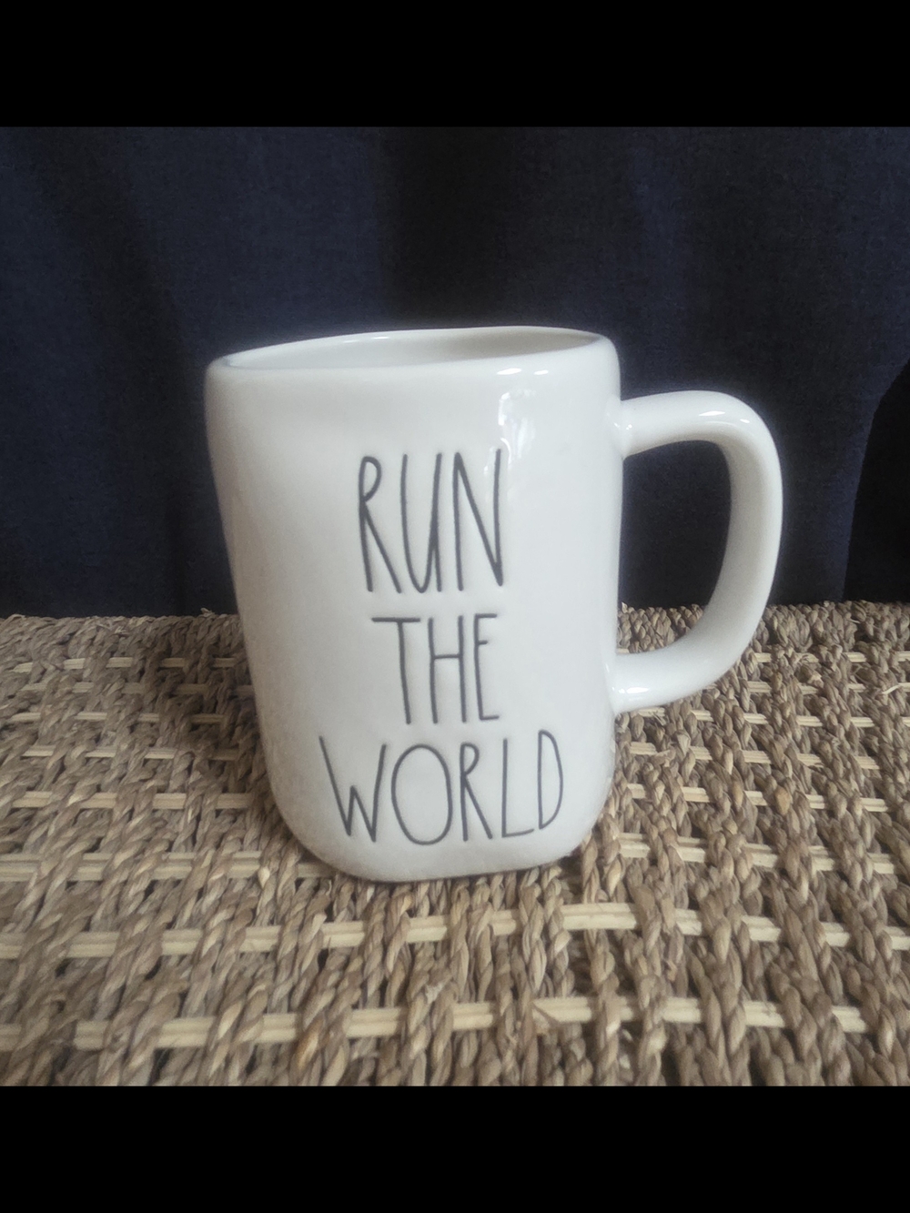 Rae Dunn RUN THE WORLD White Ceramic Mug - Inspirational Quote Bin Z